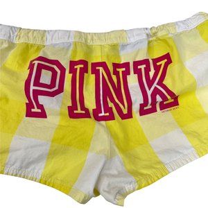 Victoria Secret PINK Shorts Large Booty Logo Spell Out Yellow Plaid Satin Bow